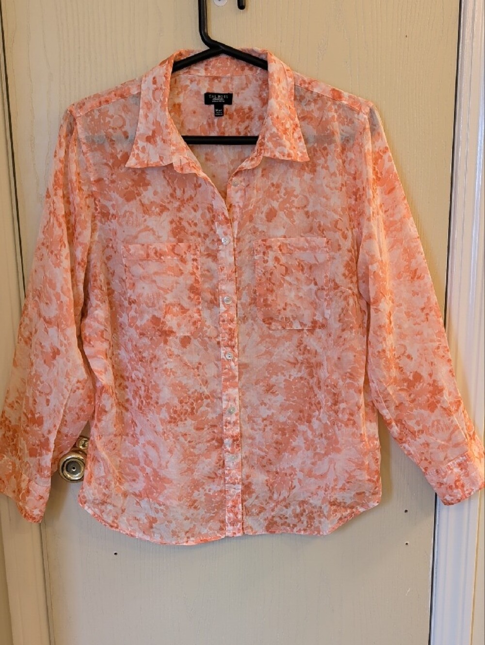 Talbots Woman Petites Coral Marble Print Sheer Cotton Button Front Blouse | 14P